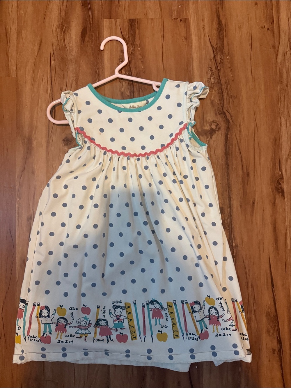 Matilda Jane Girls' Cream Polka Dot Schooltime Sundress with Teal Trim